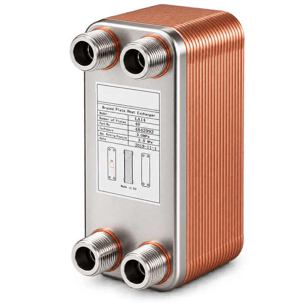 Copper brazed plate heat exchanger with threaded and soldered connections