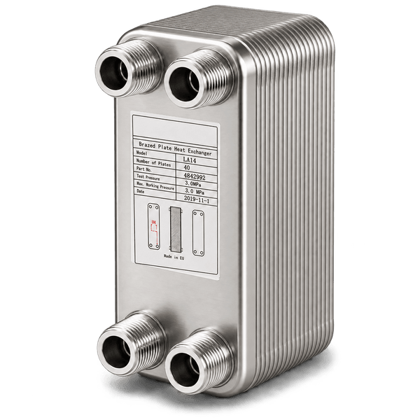 Mueller brazed plate heat exchanger, front three-quarter view