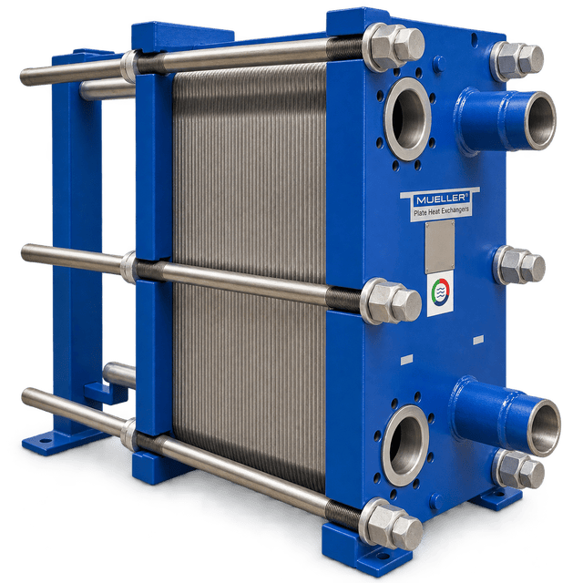 Semi-welded plate pack showing laser-welded plate pairs for refrigerant duty