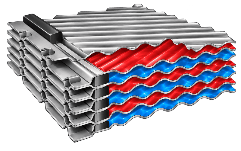 Semi-welded plate pack showing laser-welded plate pairs for refrigerant duty