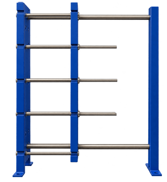 Heat exchanger frame, tie bolts and guide rail hardware
